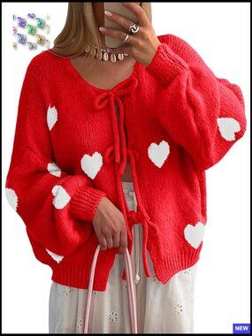 Oversized Ribbed Cardigan Tie Front Bow Puff Sleeve Loose Fit Chic Sweater